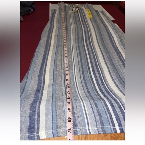 NEW BLUE WHITE LINEN VERTICAL STRIPE Long Dress Pockets Stretchy Beach Summer S - Picture 9 of 12